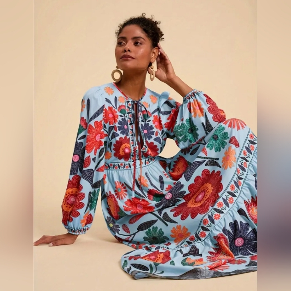Floral Print Long Sleeve Maxi Dress - Light Blue - Picture 4 of 15